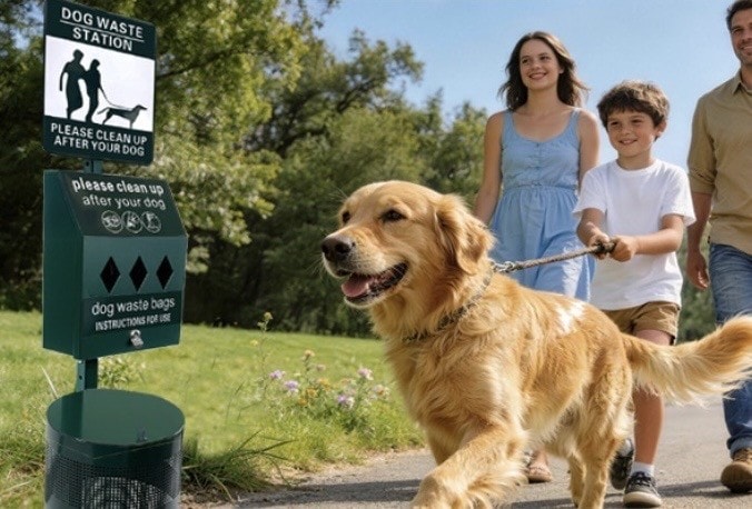 Family walking golden retriever past a dog waste station in a park